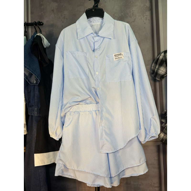 Set bộ sơ mi tay dài phối short – Hồng baby sọc trắng (Freesize) 443466