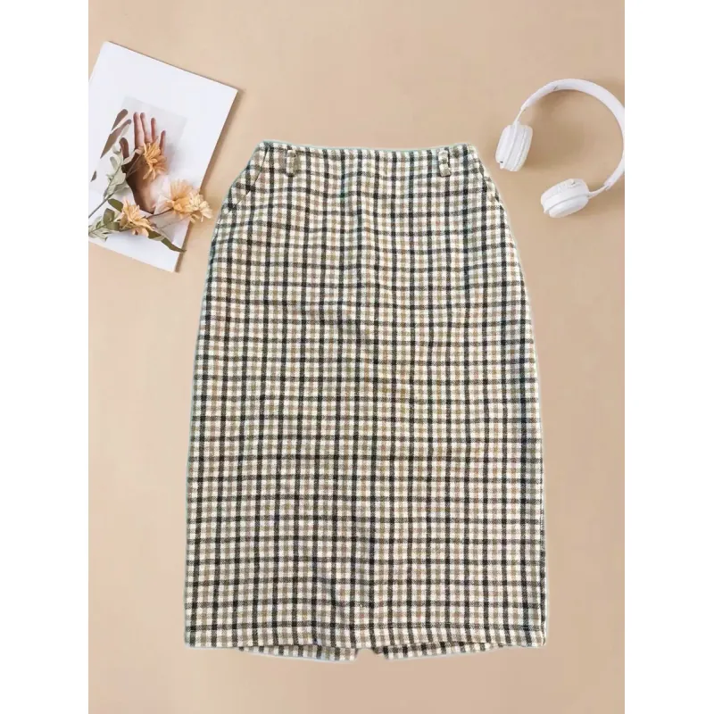 Chân váy midi kẻ caro xẻ tà 791317