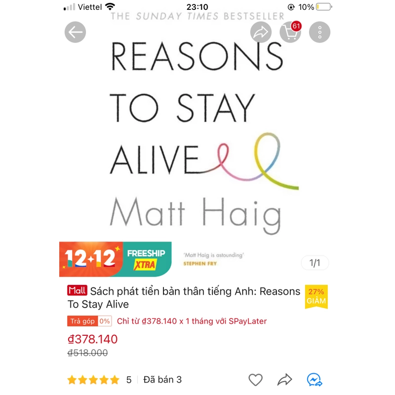 Reasons to Stay Alive (Lý do để sống tiếp) - Matt Haig (bản tiếng Anh, mới 99%) 325452