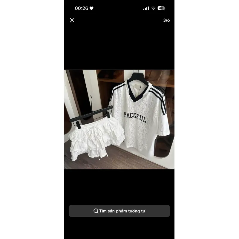 Set áo ren cách điệu dáng rộng cổ V, kèm chân váy trắng xoè 989765