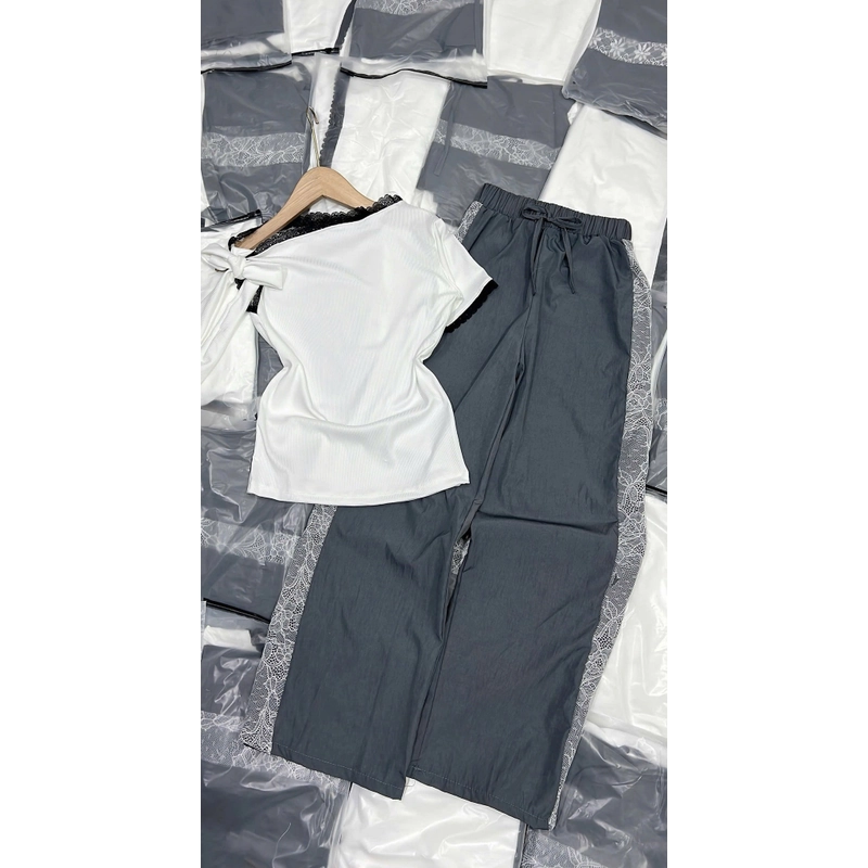  Set áo lệch vai phối nơ + quần dài lụa phối ren – Freesize 443462