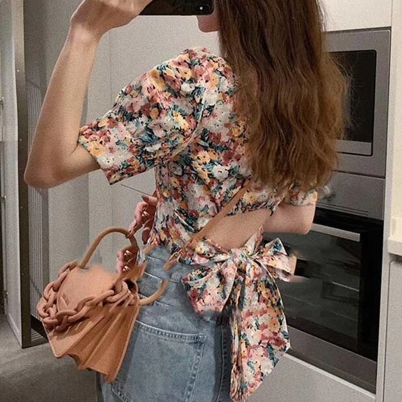 Áo kiểu tay ngắn cổ vuông hoạ tiết hoa phong cách retro thời thượng 496550