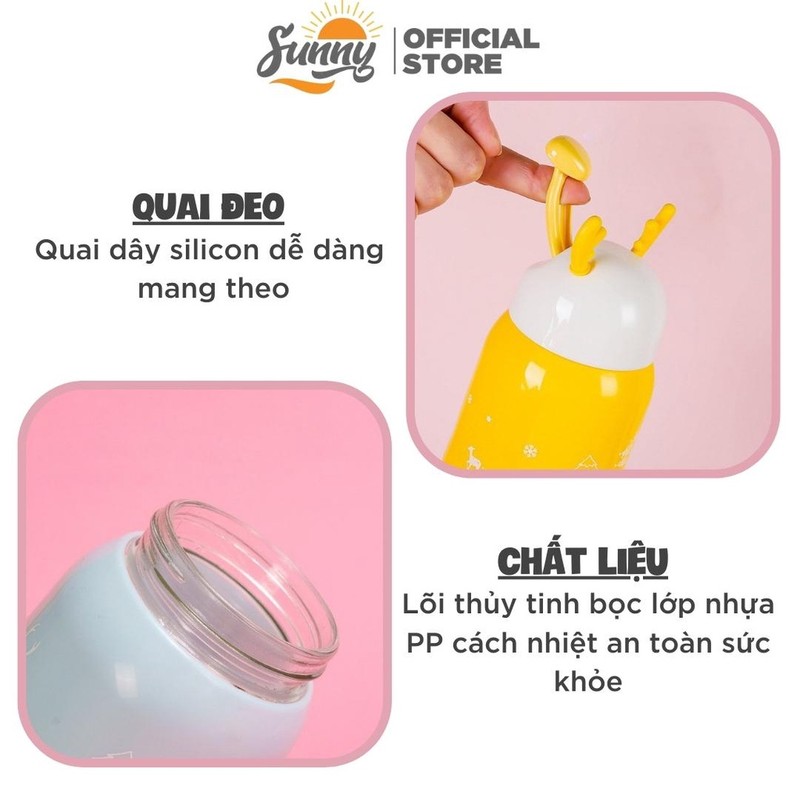 Bình nước giữ nhiệt tai hươu cute lõi thuỷ tinh bọc nhựa dung tích 380ml decor bàn học 86595