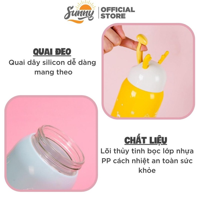 Bình nước giữ nhiệt tai hươu cute lõi thuỷ tinh bọc nhựa dung tích 380ml decor bàn học 86595