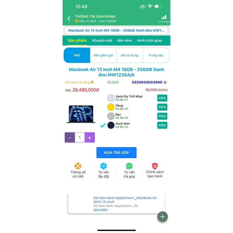 Laptop MacBook Air 13 inch M4 16GB/256GB 1000571