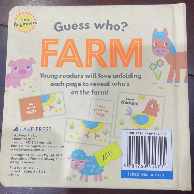 NGOẠI VĂN SÁCH TIẾNG ANH TRẺ EM : GUESS WHO? FARM - fold out book! Little beginners  1028116