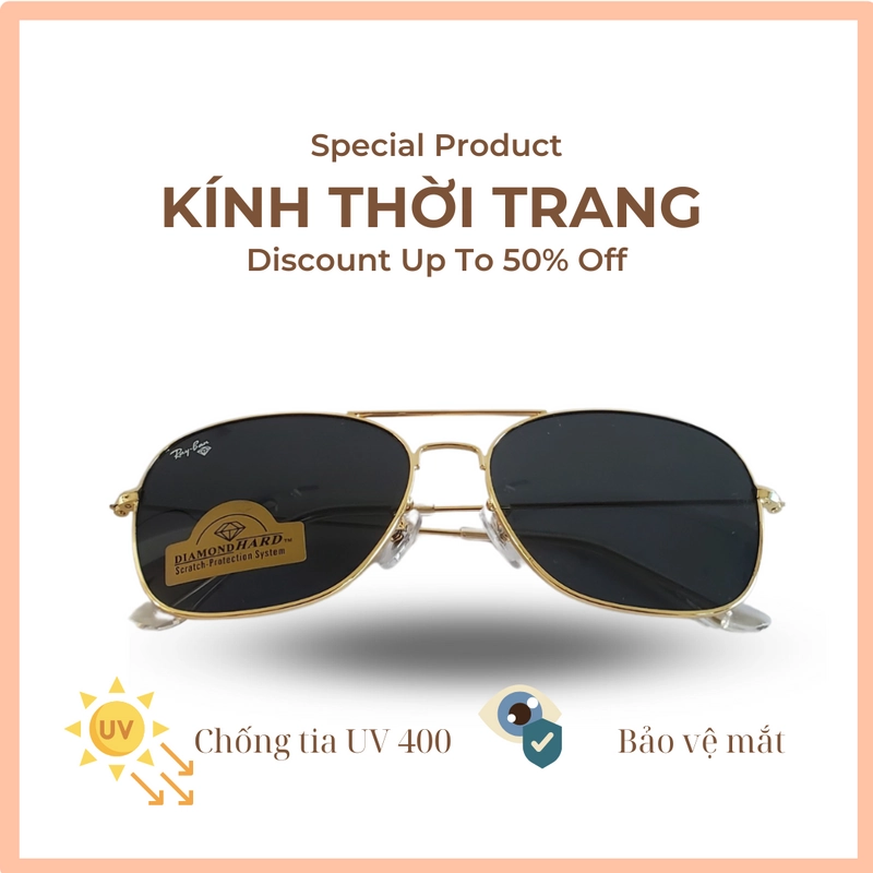 Kính mát thời trang nam nữ Rayban tròng thủy tinh cường lực màu xanh rêu, chống tia UV 276720