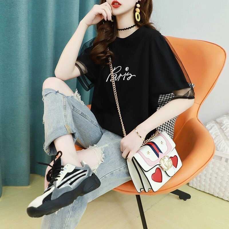 Áo Thun Tay Ngắn Dáng Rộng Phối Lưới Phong Cách Hàn Quốc Dễ Phối Đồ Thời Trang Cho Nữ 496860