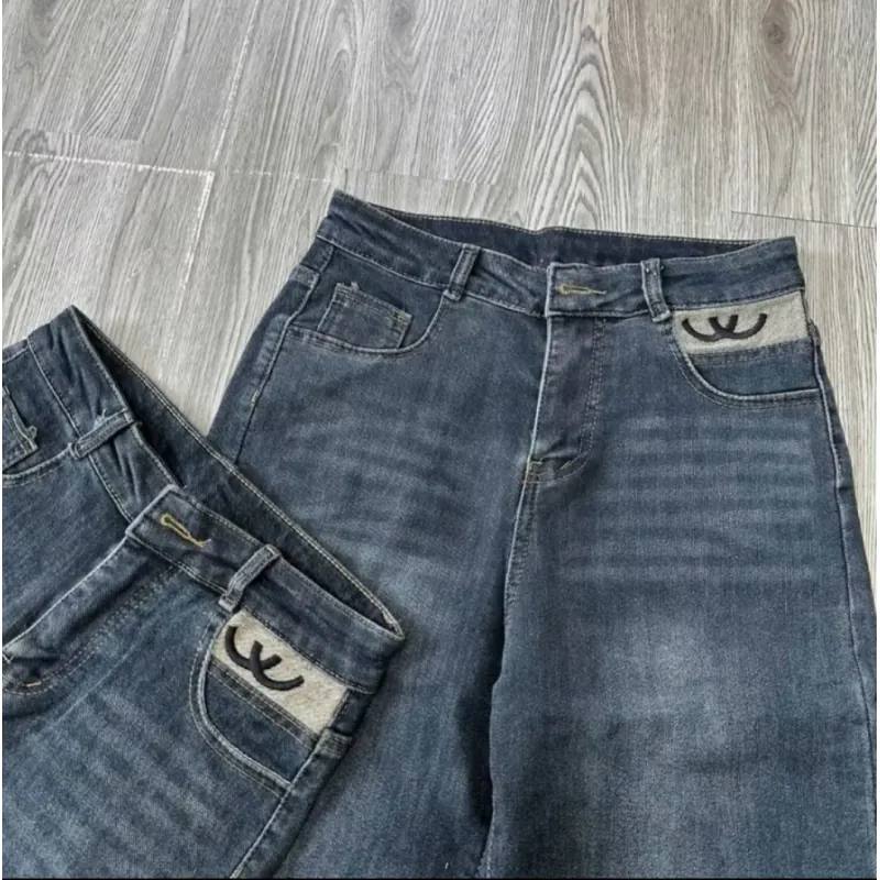 Quần Jean nữ ống đứng cạp cao co giãn túi thêu CC, quần bò nữ Quảng Châu lưng cao Hot  990873