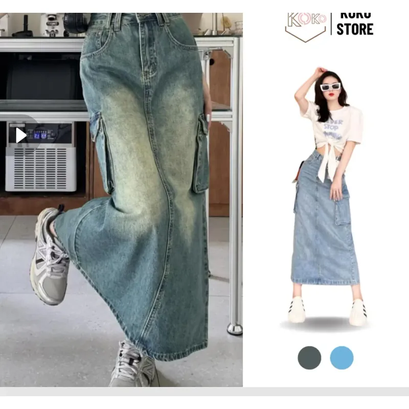 Váy jeans nữ dạng dáng suông túi hộp màu trung tính phối túi hộp 594470