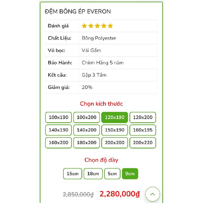 Đệm bông ép chính hãng Everon 22195