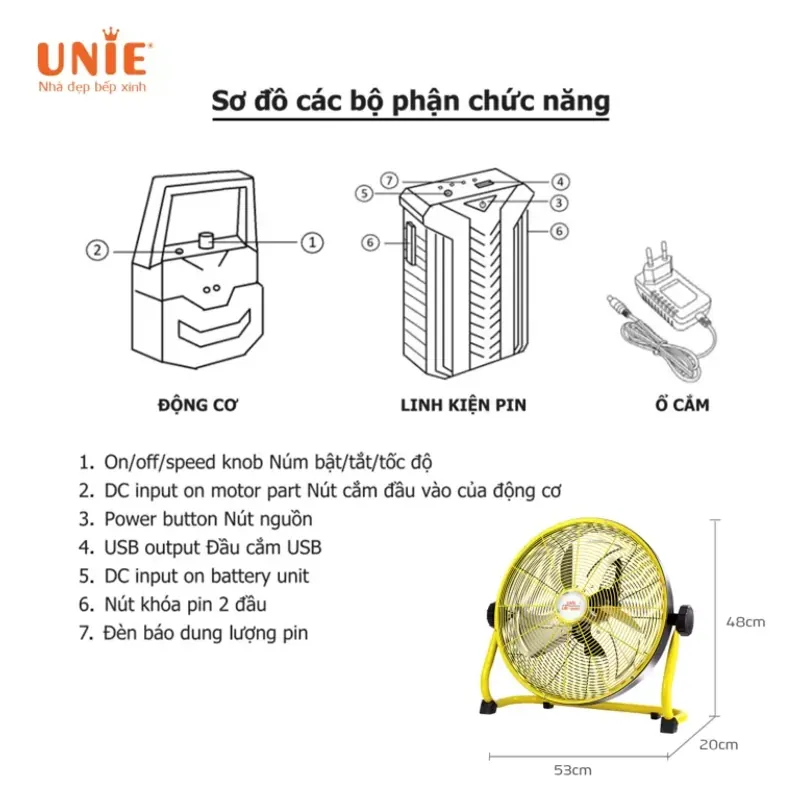 Quạt Sàn Tích Điện UNIE UE-880 – Chạy Liên Tục 48H, Sạc Nhanh 2.5H Siêu Tiện 🔋⚡ 717090