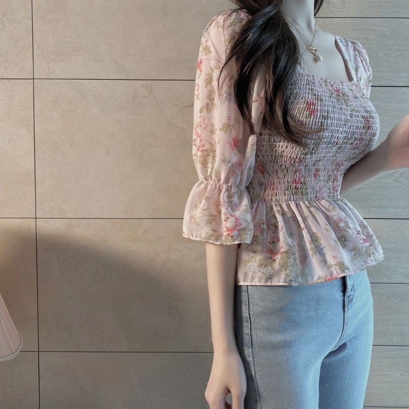 Áo Ngắn Tay Cổ Vuông In Hoa Phối Bèo Thời Trang Cho Nữ 496554