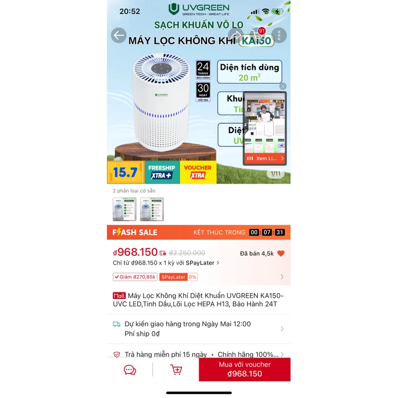 Máy lọc không khí diệt khuẩn UV Green 502990