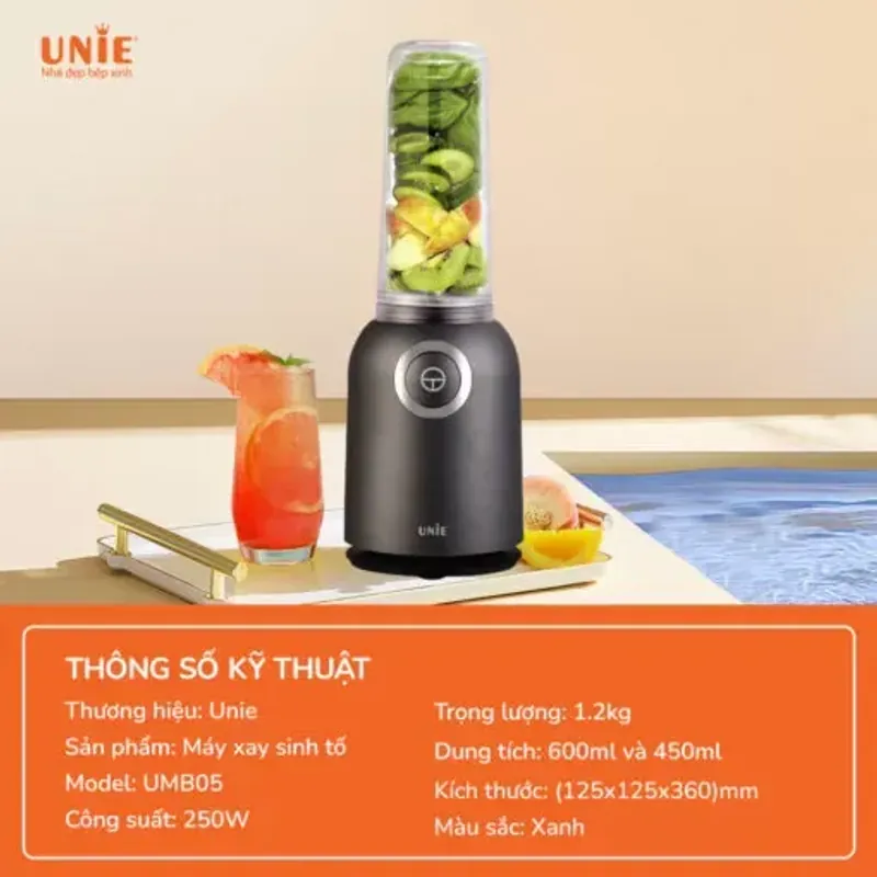 Máy xay sinh tố UNIE UMB05 cối xay dạng bình nước nhỏ gọn, lưỡi dao 4 cánh bằng inox 574455