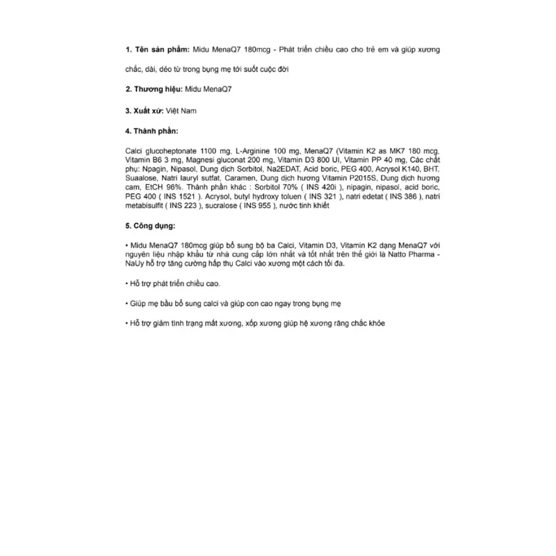 Midu MenaQ7 180mcg bổ sung canxi, Vitamin D3, Vitamin K2 dạng MenaQ7 và Arginine 723208