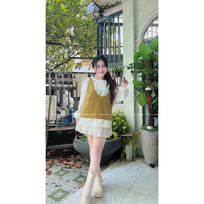 Set Gile Túi Kèm Áo Sơ Mi Tay Bồng Form Rộng Hot Trend 606824