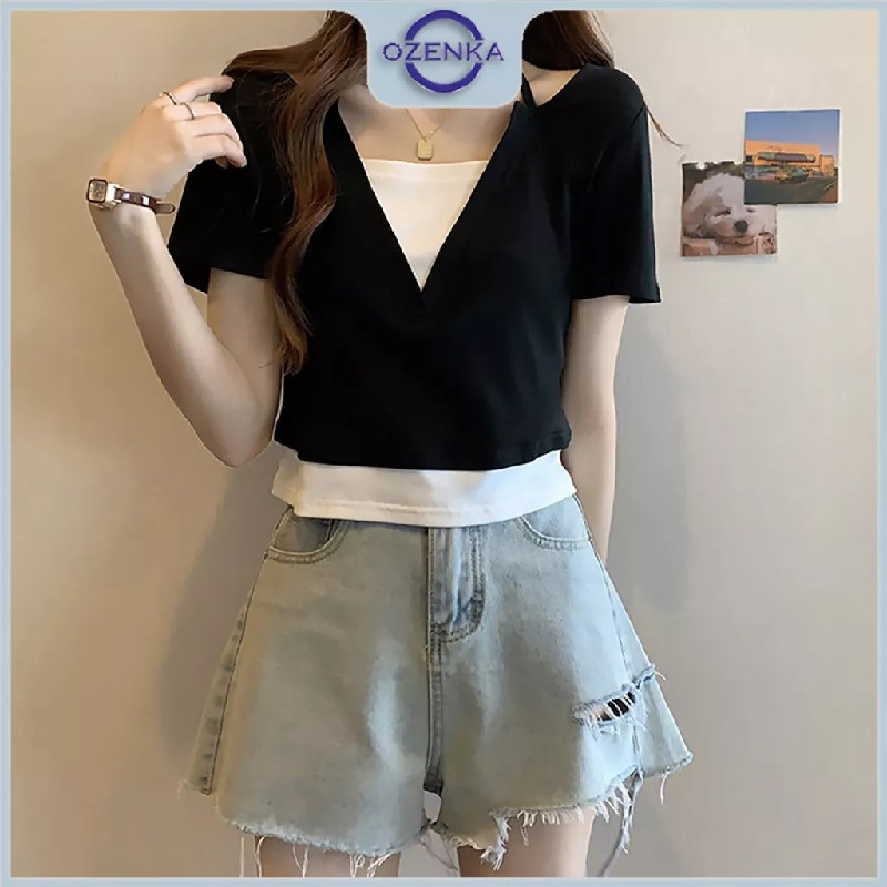 Áo croptop nữ ôm tay ngắn Ozenka màu đen trắng mặc đi học đi chơi 12417