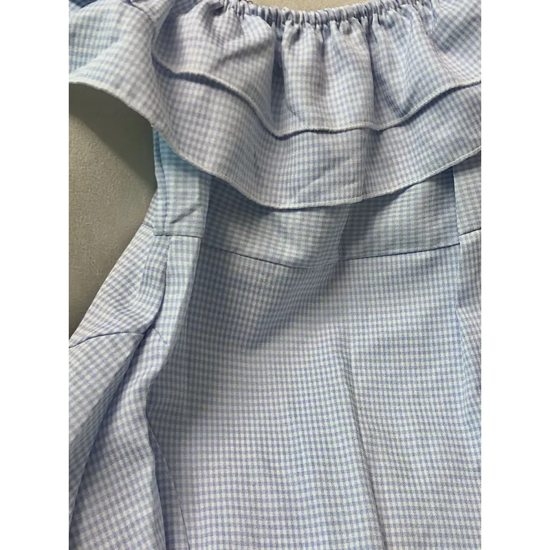 Váy trễ vai xanh caro dáng ngắn mùa hè  731302