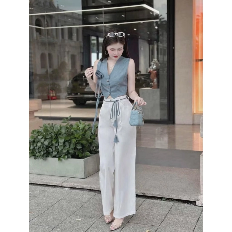 Set áo croptop cổ vest kèm quần ống rộng lưng cao – Freesize 443456