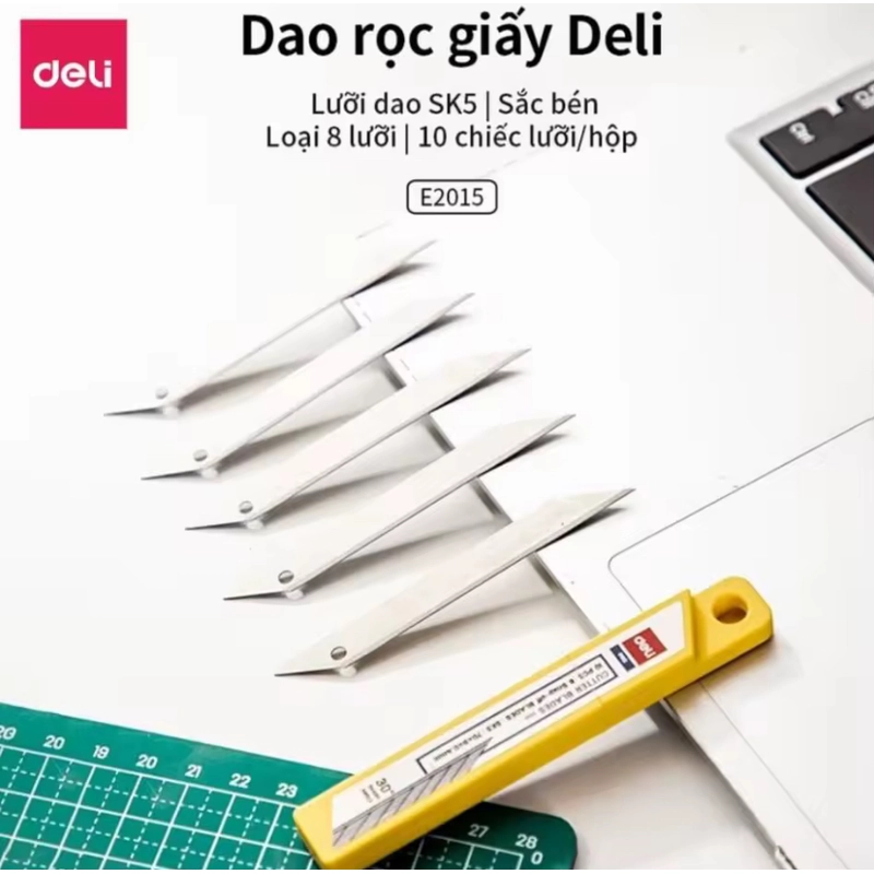 Dao rọc giấy mini Deli đầu nhọn 30 độ màu kim loại chính hãng 507509