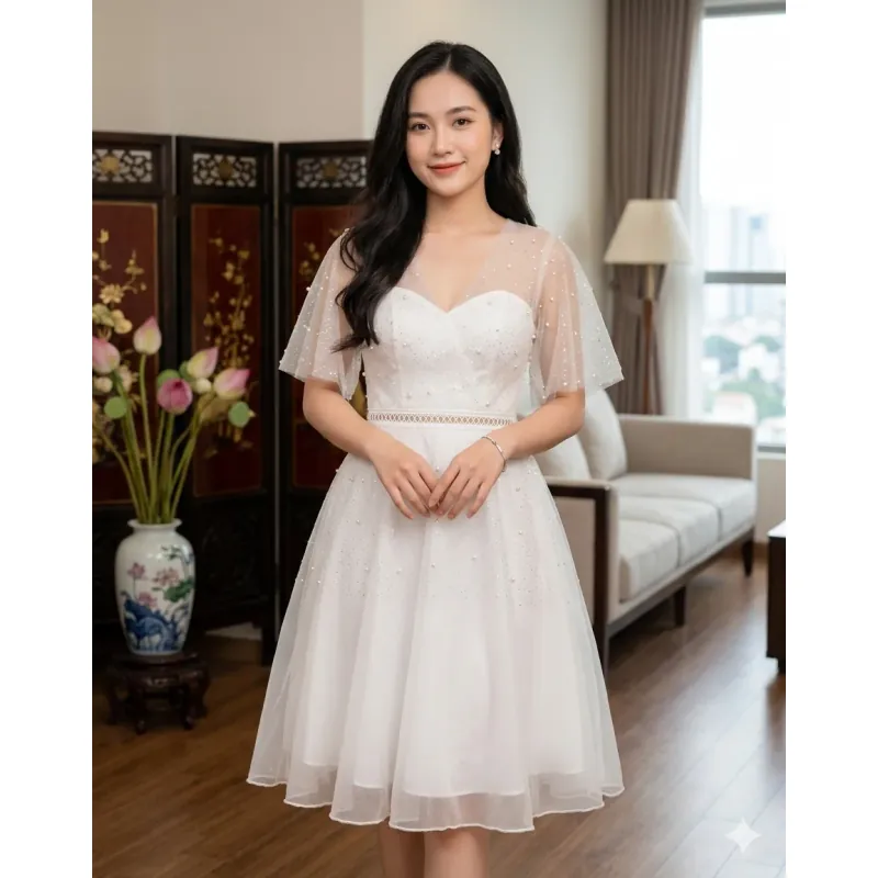 đầm kim tuyến đính ngọc trai cúp ngực cỗ v 1022800