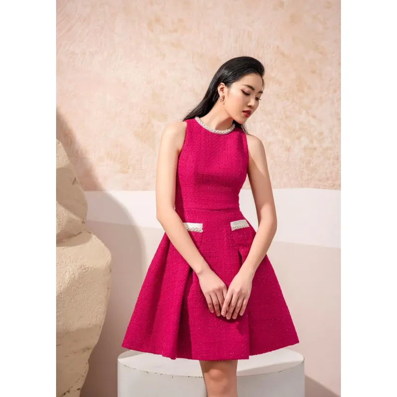 Set áo khoác kèm váy dạ tweed hồng cánh sen thiết kế cao cấp by Aries size M  748628