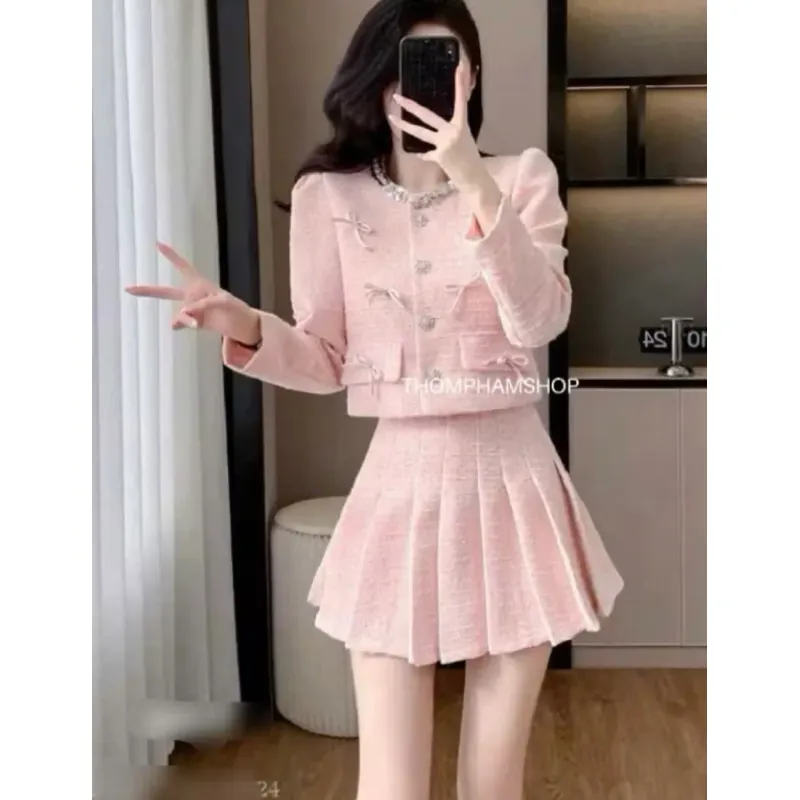 áo dạ +chân váy tweed hồng pastel đính kèm nơ  971186