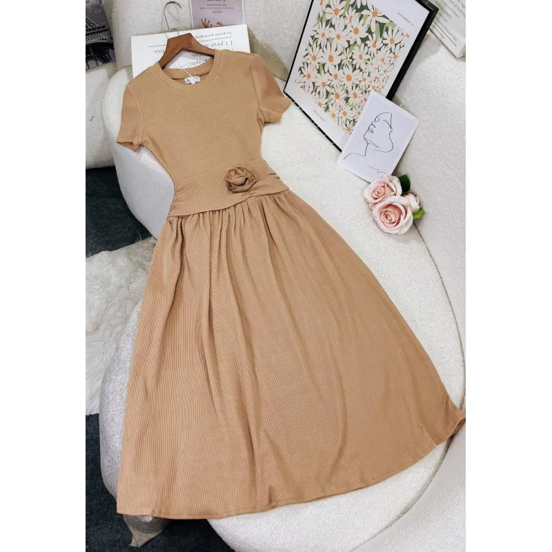 Váy đầm nữ tay ngắn họa tiết hoạ tiết phối đen_size M màu hồng 715963