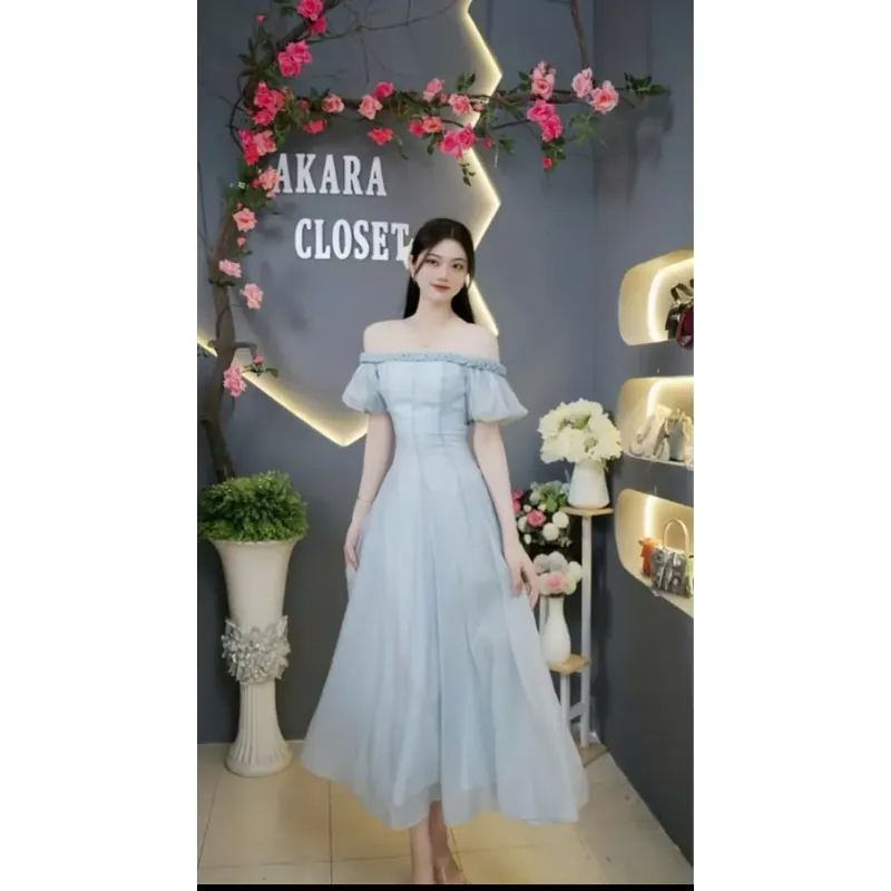 Đầm Maxi dự tiệc thiết kế trễ vai Y46(có mút) Tơ óng, tay phồng, quây xoắn Akara xu hướng 736972
