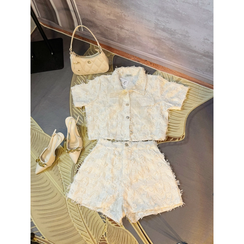Set vest vải tweed dáng ngắn tay lỡ + quần short – Freesize 443463