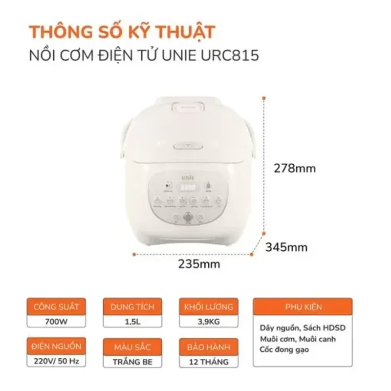 Nồi cơm điện lòng gốm tự nhiên UNIE URC815, mới 100%, nhỏ gọn, thông minh 714176