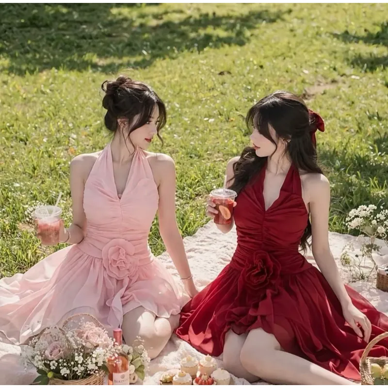 Đầm tơ yếm hở lưng có đệm ngực mềm cuộn bông kèm quần  1033109