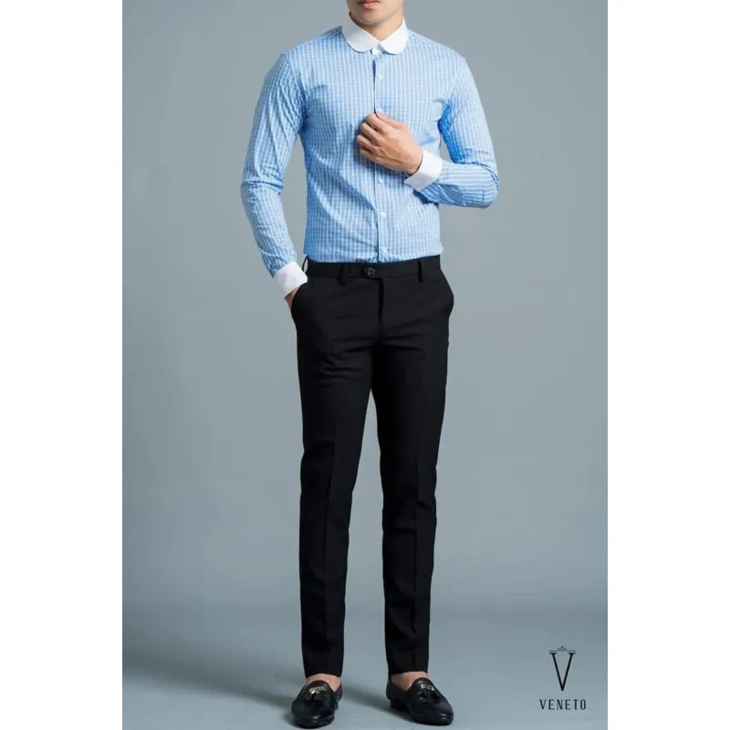 Sơ mi dài tay Veneto kẻ xanh nhạt pha CT  1037602