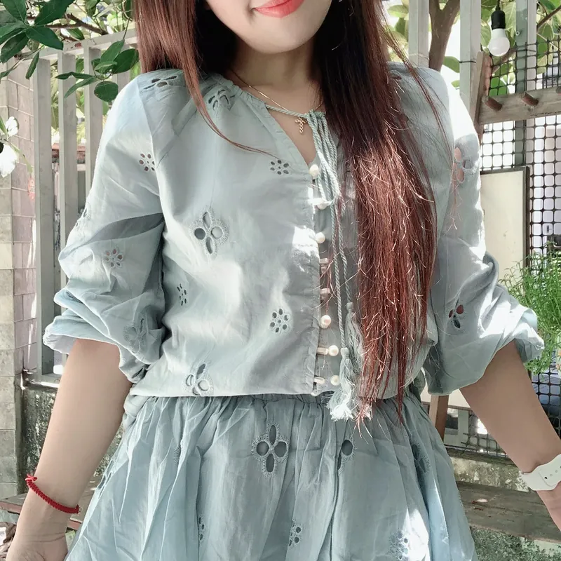 Set áo babydoll thêu hoa tay dài-set nữ babydoll hàng mới nguyên tag-hàng chuẩn bán shop 606801