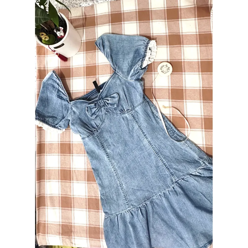 Đầm denim nữ Ivy Moda tay ngắn phối nơ trẻ trung 1023824