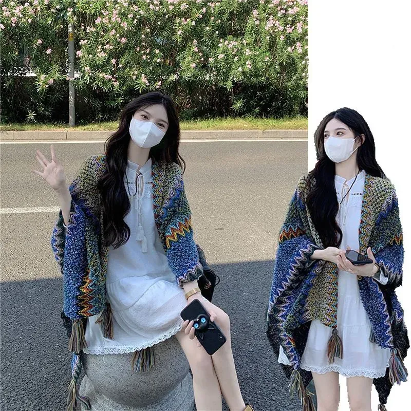 Khăn Áo Choàng Len Boho Thổ Cẩm Nữ Khoác Ngoài - Hàng Loại 1 Chất Len Móc Dày Ấm 106*135cm 752863