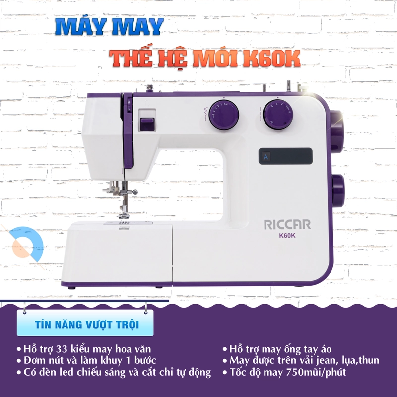 Máy may gia đình Riccar K60K Nhật Bản 33 mũi may chính hãng 526005