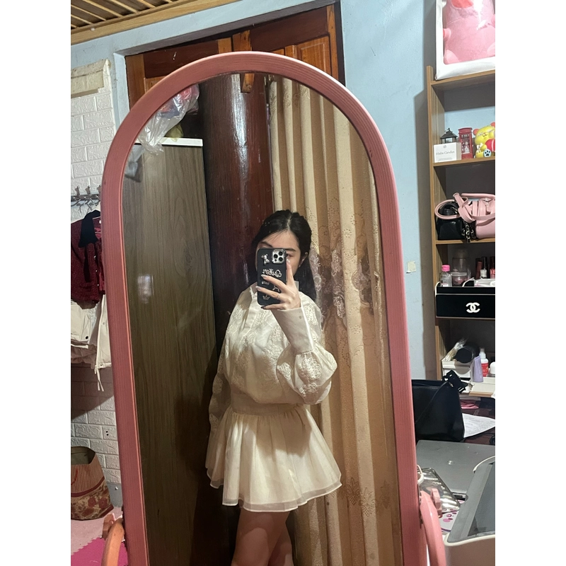 set áo sơ mi chân váy tơ 447215