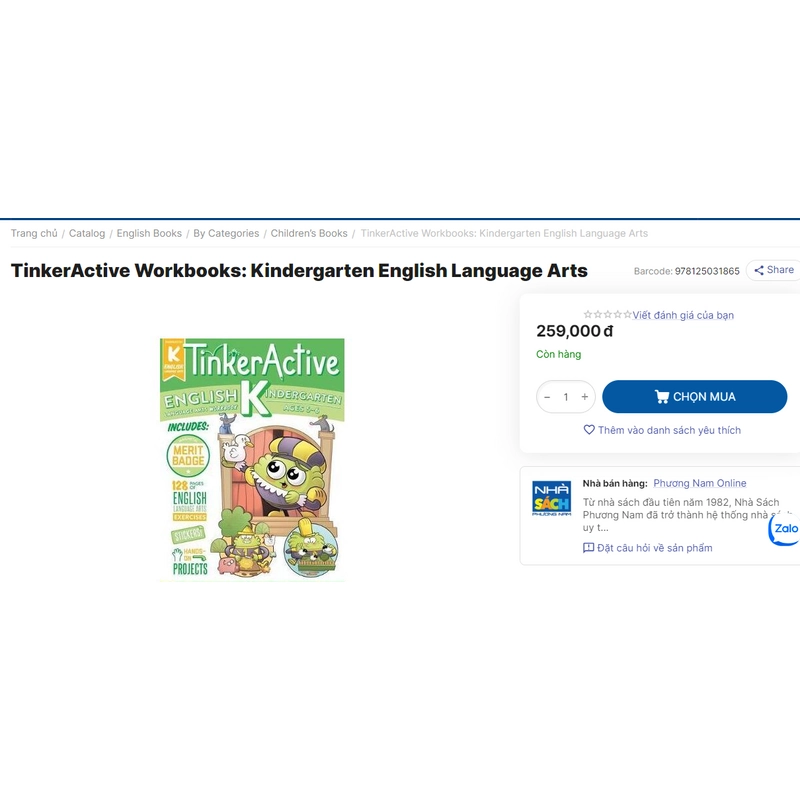 Sách học tiếng anh TinkerActive Workbooks:Kindergarten English Language Arts, 85%, gáy cũ 332721