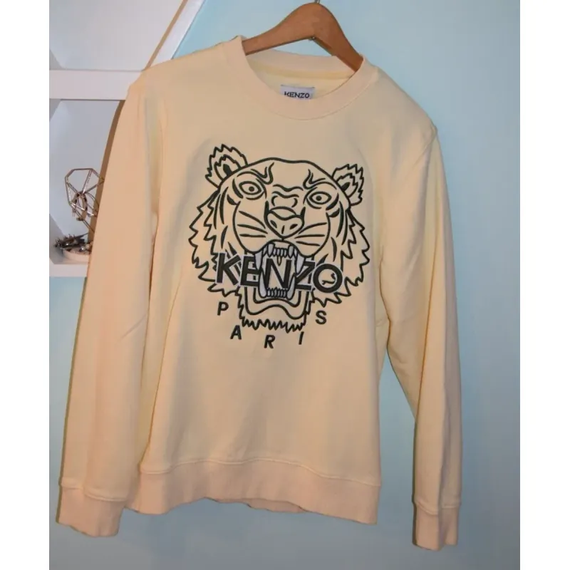 Áo sweatshirt Kenzo tay dài thêu đầu hổ màu vàng kem 760776
