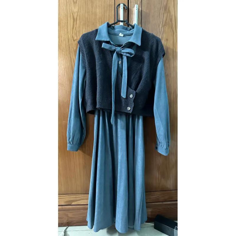 Váy nhung tăm xanh dương mix ghile 720325