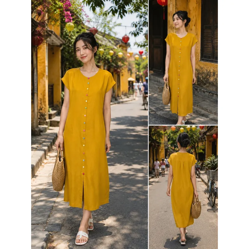 Pass đầm linen màu vàng size S 1058726
