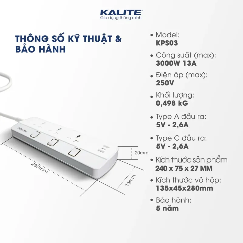 Ổ cắm điện thông minh KALITE KPS03 601095