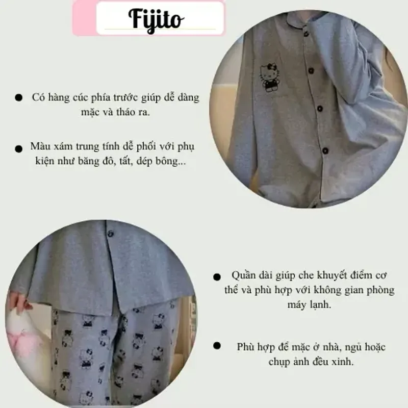 Bộ đồ ngủ pijama bộ ngủ cotton nữ dài tay in hình kitty mềm mại Quảng Châu cao cấp 597144