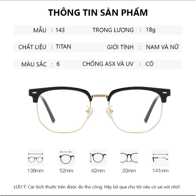pass kính nửa gọng mắt kính 0 độ nam nữ màu bạc đen bóng 522275