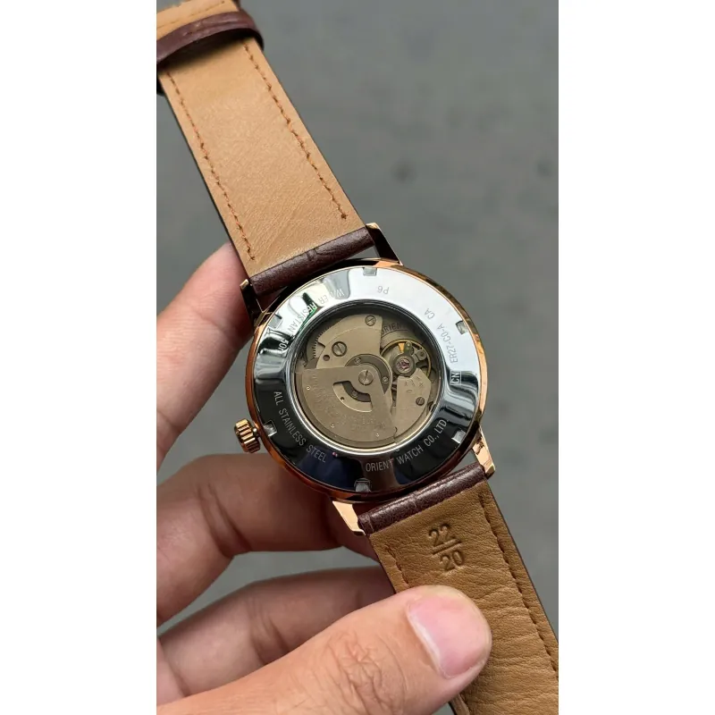 Đồng hồ Orient chính hãng, mặt tròn, dây da nâu, kim loại mạ vàng, phong cách cổ điển 706667