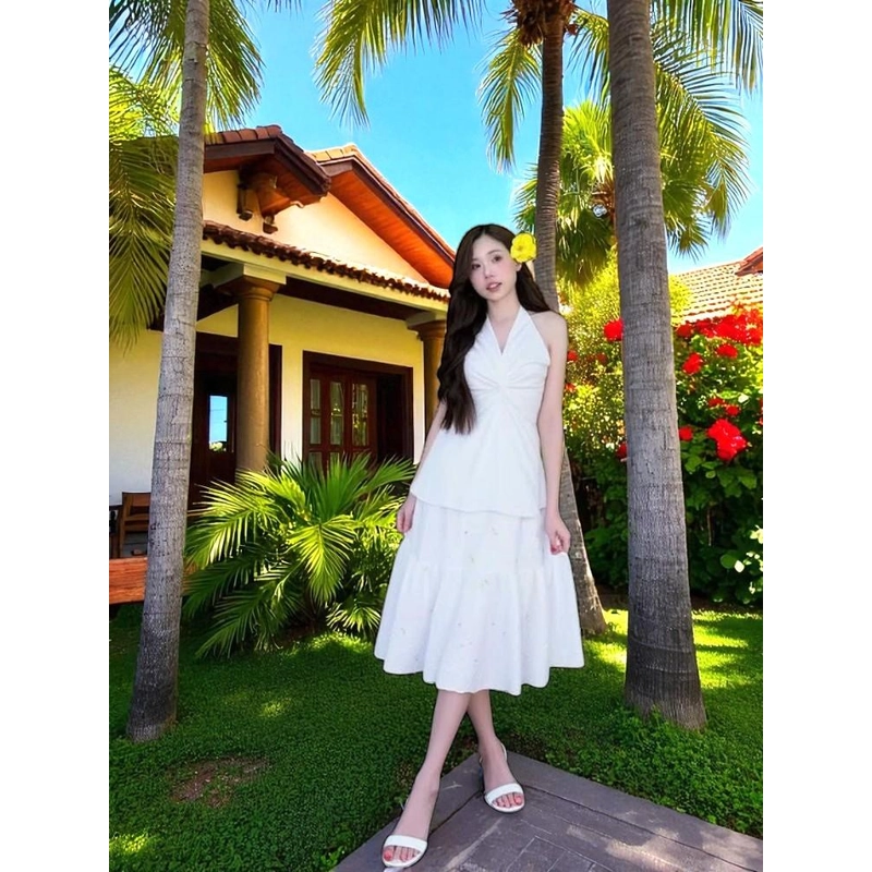 Áo Đũi Cổ Yếm Xoắn Ngực Hở Lưng Nhún Smocking Quyến Rũ Mặc Đi Chơi, Đi Biển 551182