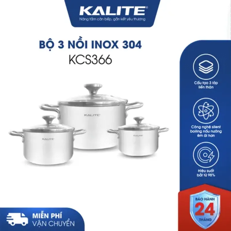Bộ 3 Nồi Inox Liền Khối Kalite KCS366 – 3 Size 18/20/24cm Linh Hoạt, Dẫn Nhiệt Nhanh 589183