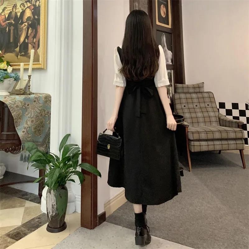 [BIGSIZE]Váy đầm đen cổ búp bê đính nơ tay ngắn phong cách Hàn Quốc 14385
